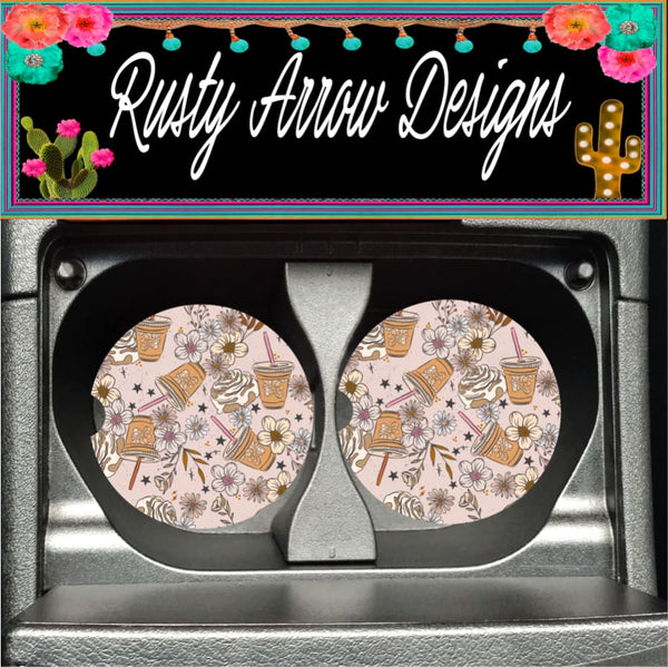 Coffee and Flowers Set of 2 Car Coasters - Car Coasters