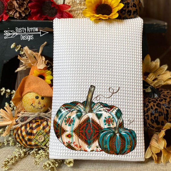 Copy of Turquoise and Red Aztec Pumpkins Waffle Weave Tea Towel