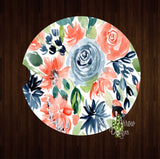 Coral and Blue Boho Floral Set of 2 Car Coasters - Car Coasters