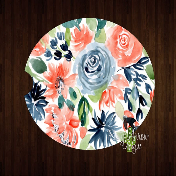 Coral and Blue Boho Floral Set of 2 Car Coasters - Car Coasters