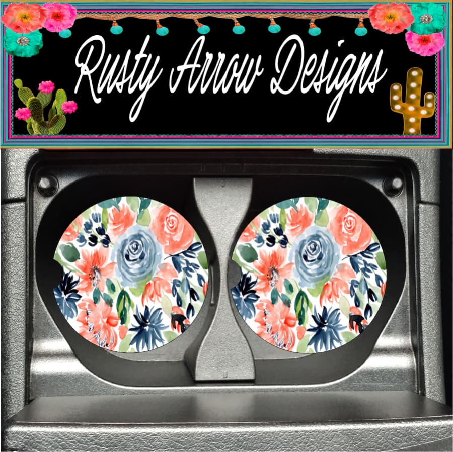 Coral and Blue Boho Floral Set of 2 Car Coasters