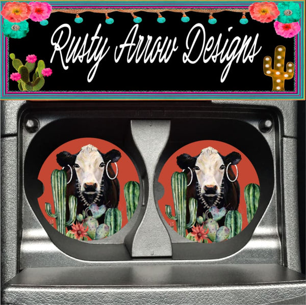 Desert Cactus Cow Set of 2 Car Coasters - Car Coasters