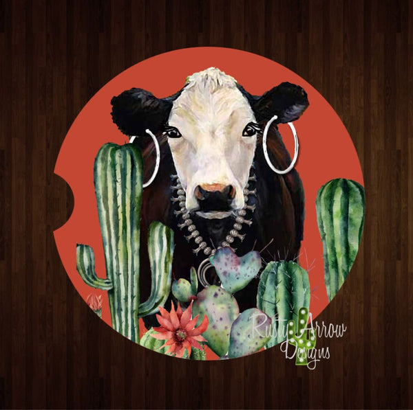 Desert Cactus Cow Set of 2 Car Coasters - Car Coasters