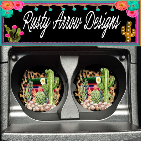 Stripe Turquoise Cactus Set of 2 Car Coasters