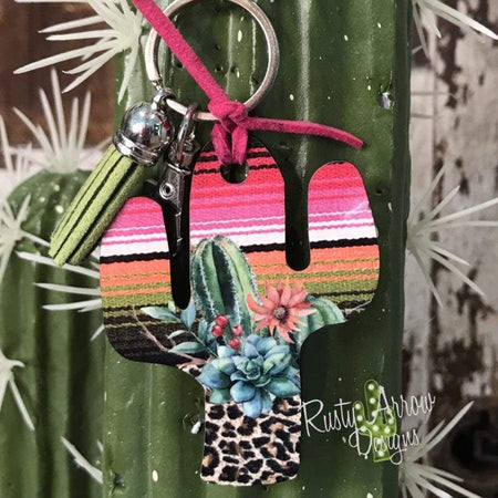 Pink and Green Boho Flowers Cactus Key Chain