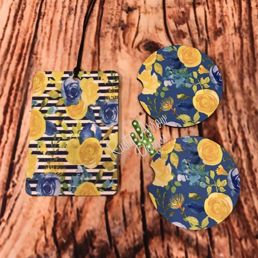Floral and Stripes Air Freshener and Coaster Set Blue 2