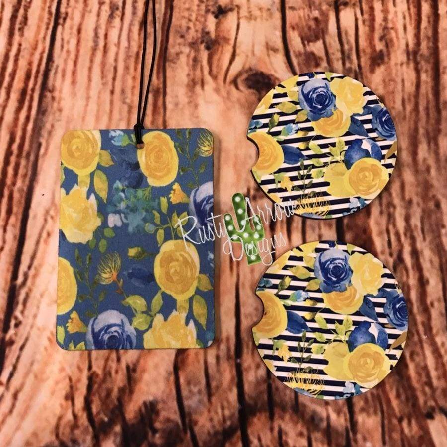 Floral and Stripes Air Freshener and Coaster Set Blue
