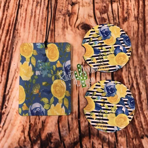 Floral and Stripes Air Freshener and Coaster Set Blue - Air Freshener