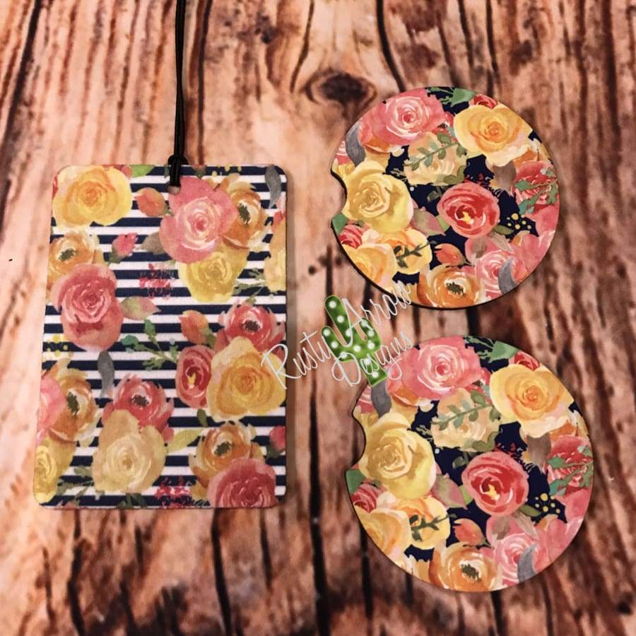Floral and Stripes Air Freshener and Coaster Set Orange 2