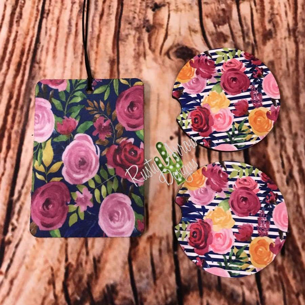 Floral and Stripes Air Freshener and Coaster Set Pink 2 - Air Freshener