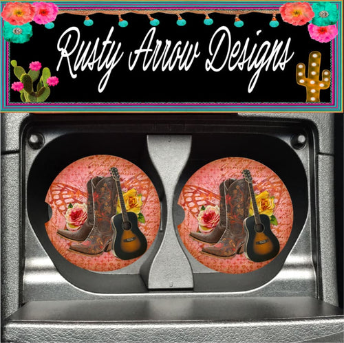 Guitars and Roses Set of 2 Car Coasters - Car Coasters