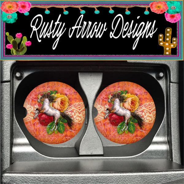 Horses and Roses Set of 2 Car Coasters - Car Coasters