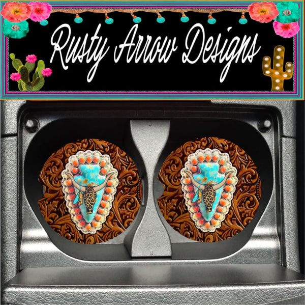 Leather and Arrowhead Set of 2 Car Coasters - Car Coasters