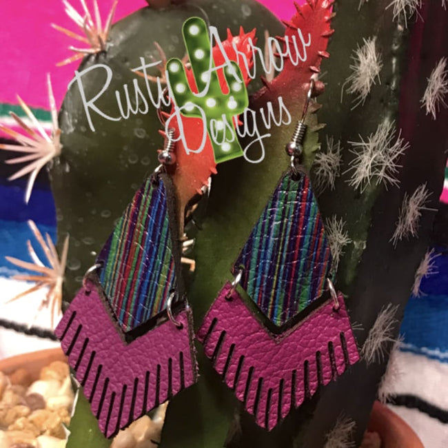 Leather Fuchsia Serape Fringe Ear Rings