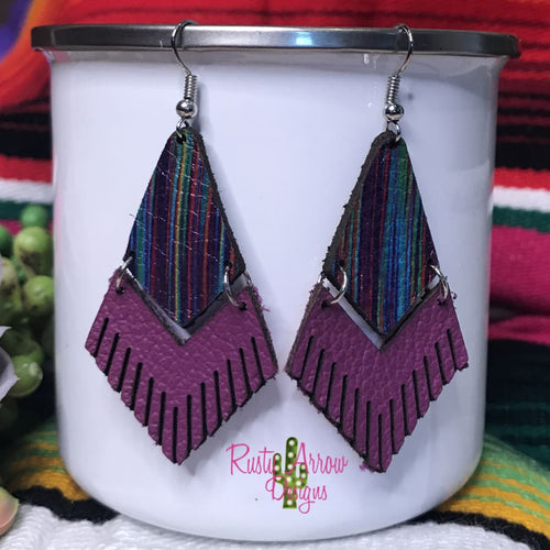 Leather Fuchsia Serape Fringe Ear Rings