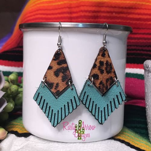 Leather Turquoise Tigers Eye Fringe Ear Rings