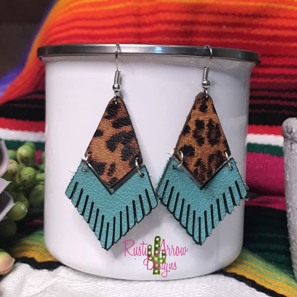 Leather Turquoise Tigers Eye Fringe Ear Rings