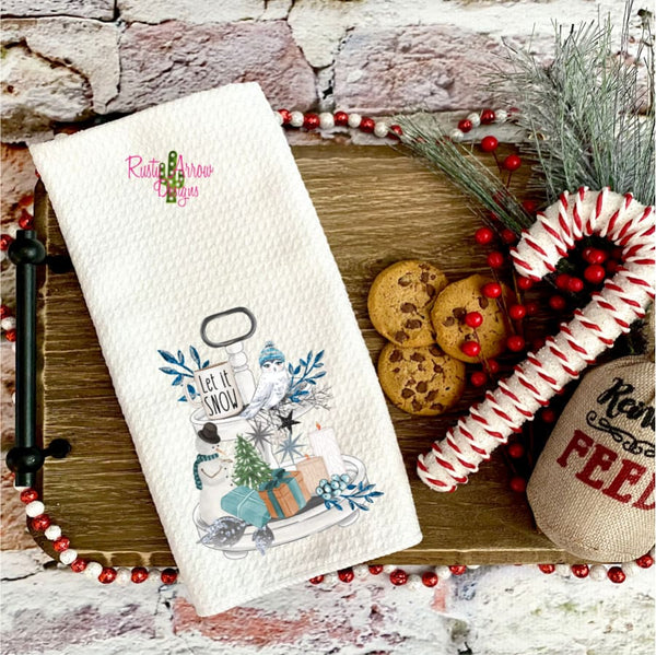 Let it Snow Blue Waffle Weave Tea Towel