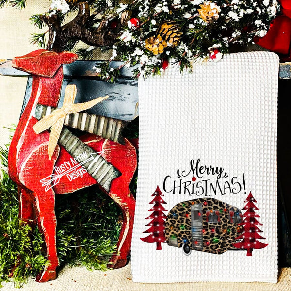 Merry Christmas Cheetah Camper Waffle Weave Tea Towel