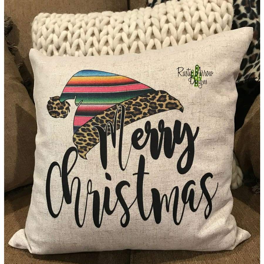 Merry Christmas Serape and Cheetah Santa Hat Decorative Throw Pillow