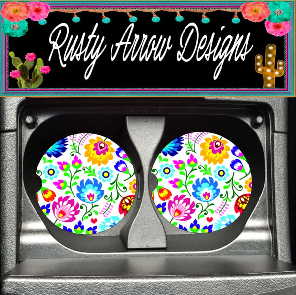 Mexico Flowers Set of 2 Car Coasters - Car Coasters