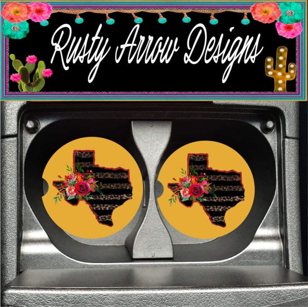 Mustard Cheetah and Red Texas with Flowers Set of 2 Car Coasters - Car Coasters