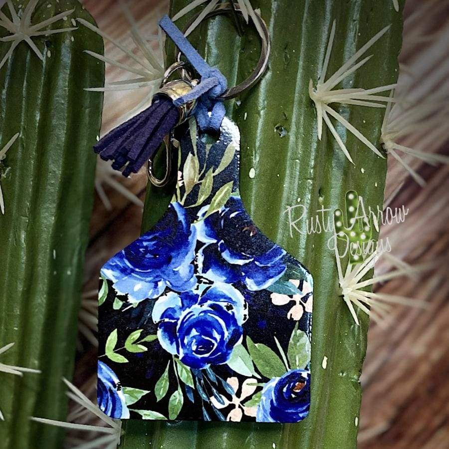 Navy Blue Flowers Livestock Ear Tag Key Chain