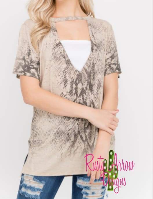 Oatmeal Snake Print Choker Neck Top - Tee Shirt