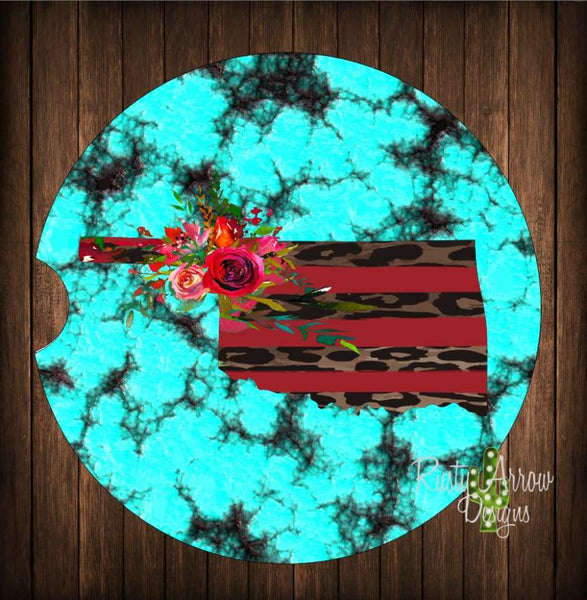 Oklahoma Turquoise Red and Cheetah Set of 2 Car Coasters - Car Coasters