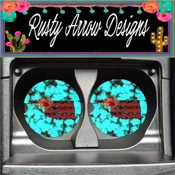 Oklahoma Turquoise Red and Cheetah Set of 2 Car Coasters - Car Coasters