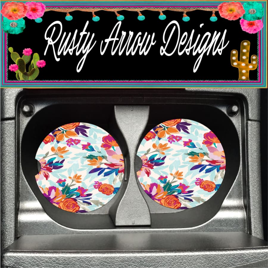 Orange and Pink Boho Floral Set of 2 Car Coasters