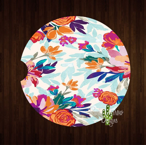 Orange and Pink Boho Floral Set of 2 Car Coasters - Car Coasters