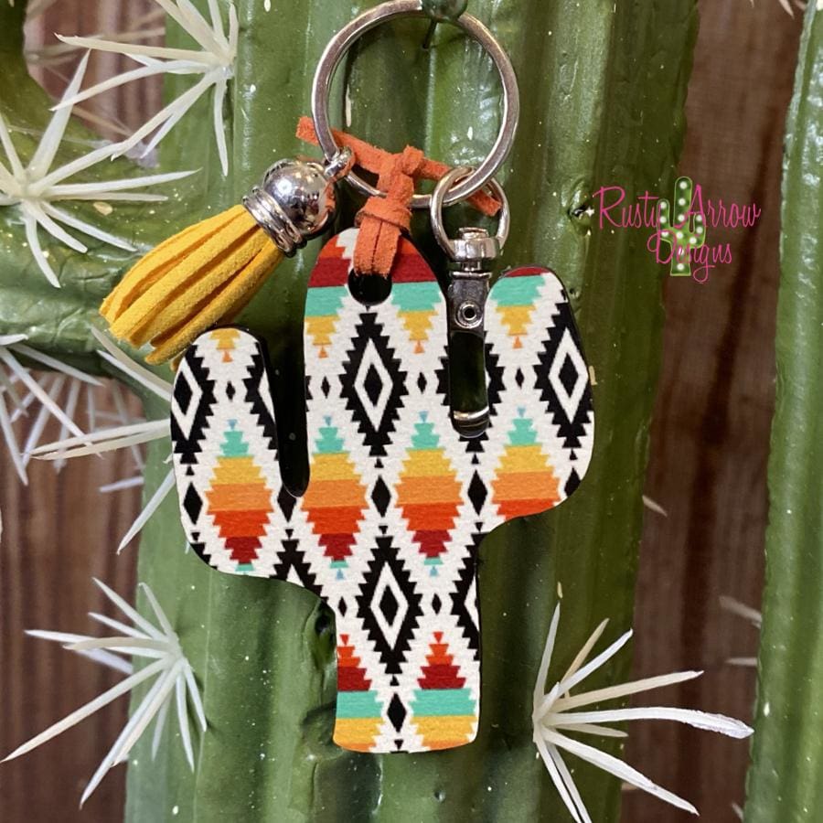 Orange and Turquoise Aztec Cactus Key Chain