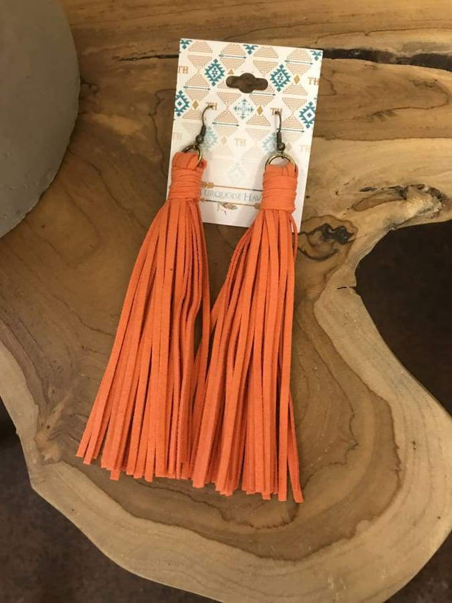 Orange Leather Fringe Earrings