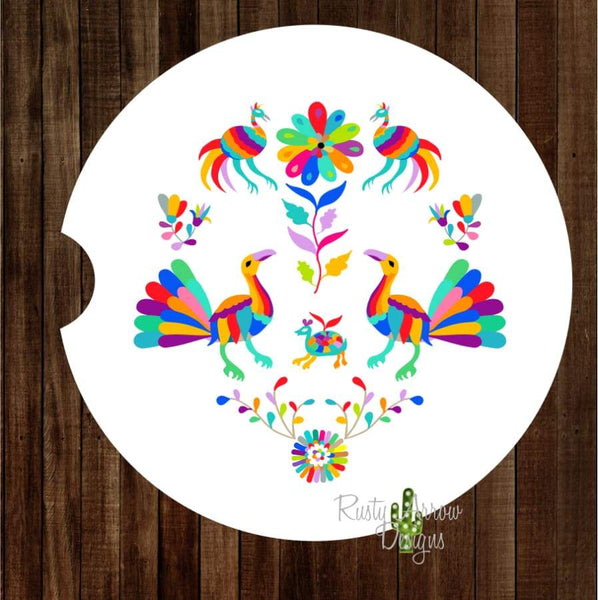Otomi Birds White Set of 2 Car Coasters - Car Coasters
