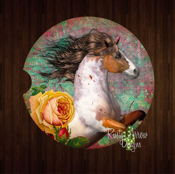Paint Horses and Yellow Rose Set of 2 Car Coasters - Car Coasters
