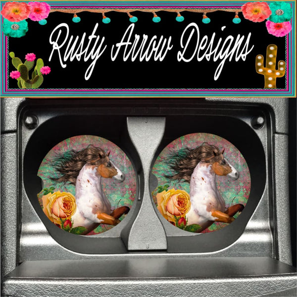 Paint Horses and Yellow Rose Set of 2 Car Coasters - Car Coasters