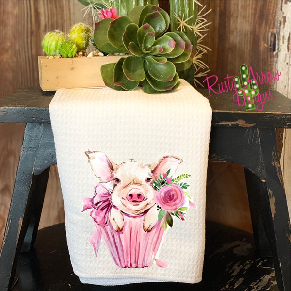 Piggy Cupcake Waffle Weave Tea Towel