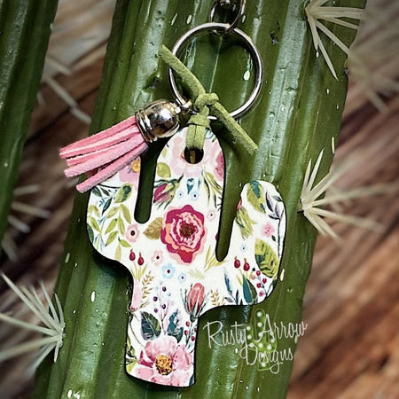 Blue and Pink Boho Flowers Cactus Key Chain