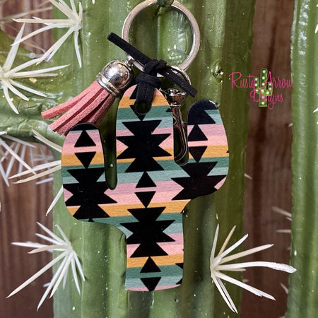 Pink and Green Boho Flowers Cactus Key Chain