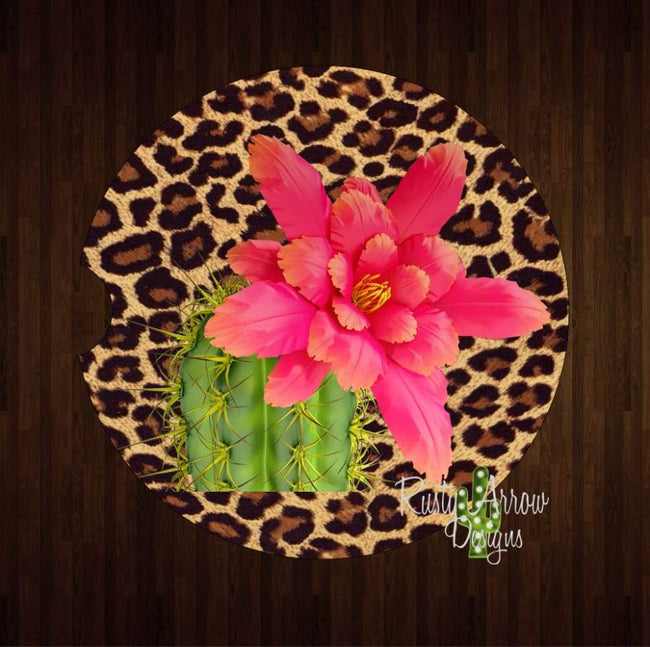 Pink Cactus &amp; Cheetah Set of 2 Car Coasters - Car Coasters