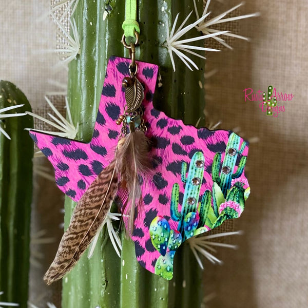 Pink Cheetah Cactus Texas Rear view mirror charm Rear view mirror accessories Rear view mirror accessory rear view mirror ornament