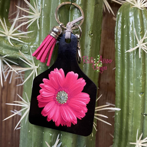 Pink Daisy Livestock Ear Tag Keychain