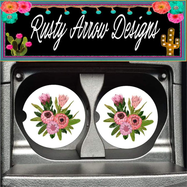 Pink Protea Set of 2 Car Coasters - Car Coasters