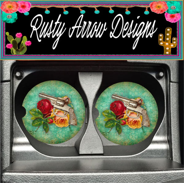 Pistol and Roses Set of 2 Car Coasters - Car Coasters