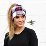 Red and Blue Plaid Peek-A-Boo Messy Bun Beanies