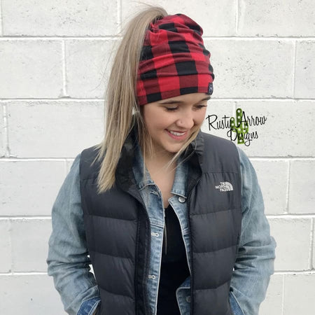 Red and Blue Plaid Peek-A-Boo Messy Bun Beanies
