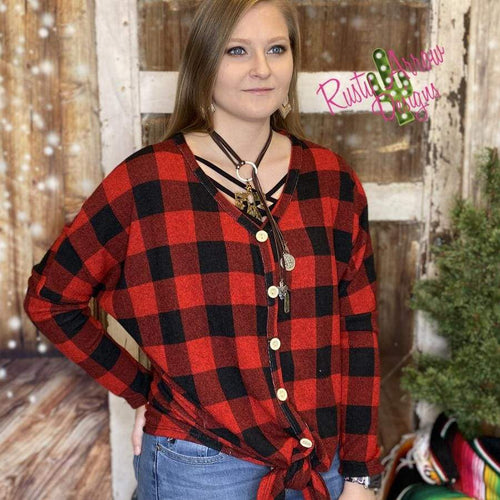 Red Buffalo Plaid Button Down V-neck - Tee Shirt