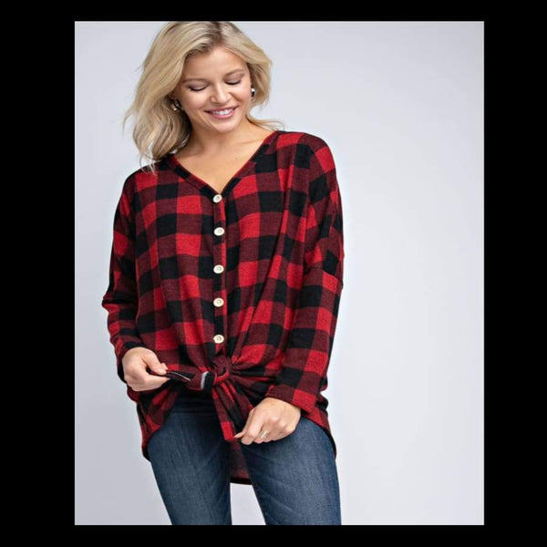 Red Buffalo Plaid Button Down V-neck - Tee Shirt