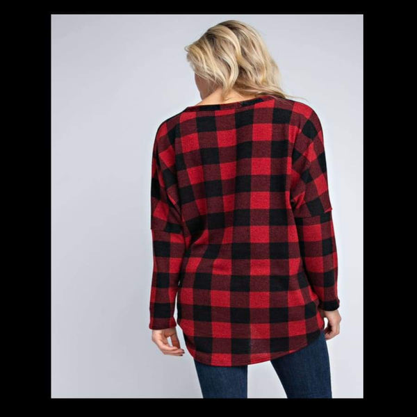 Red Buffalo Plaid Button Down V-neck - Tee Shirt
